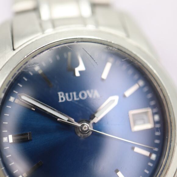 Bulova Womens Silver Tone Blue 26mm Date Watch 5.5" Steel Bracelet w New Battery - Picture 8 of 13
